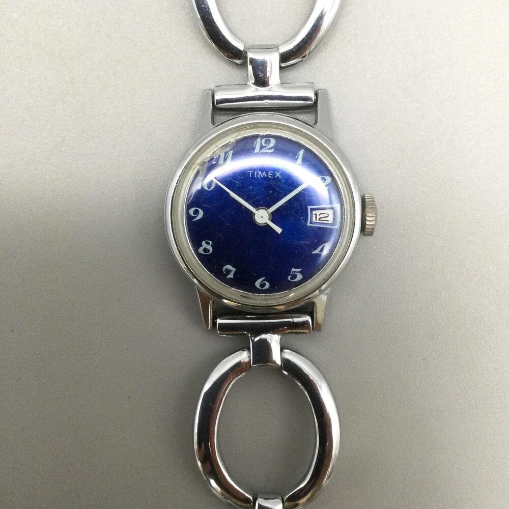 Vintage Timex Womens Watch 24mm Blue Dial Date Silver Tone Manual Wind 6.5